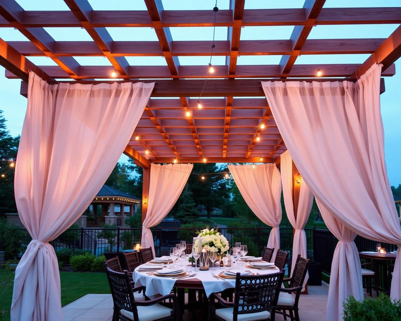 Pergola with linen drapes at twilight