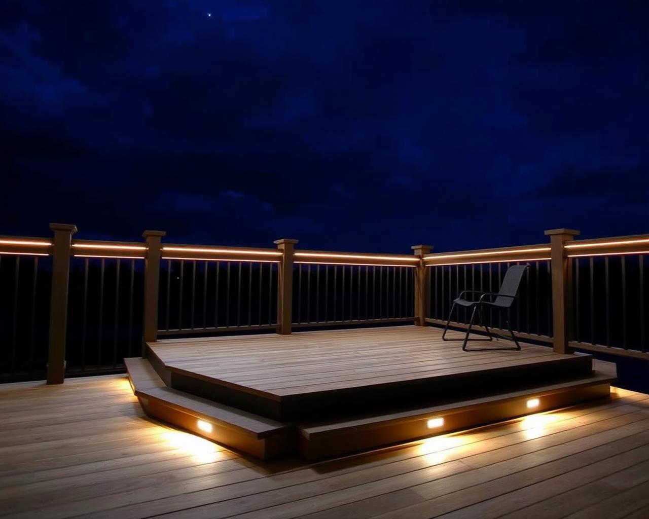 Deck with under-rail lighting at night